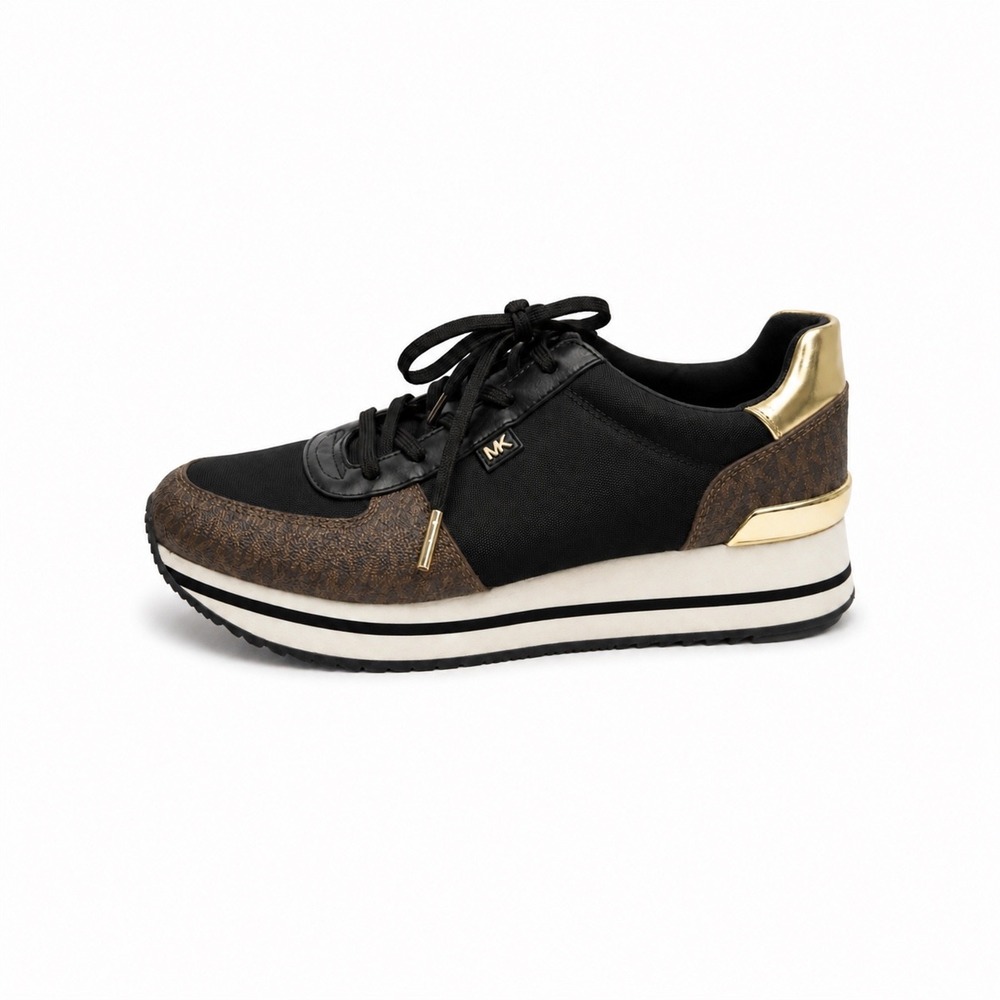 Michael Kors Raina Trainer Black Gold Logo Platform Sneakers Size 9M Sport‎ Luxe
